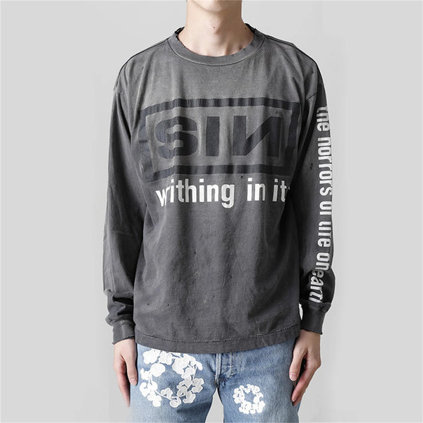 Harajuku oversized shirt featuring summer retro vintage sin print high street distressed worn cotton casual loose long sleeve t shirt pullover