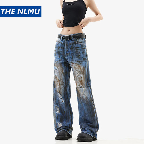 vintage ripped straight jeans blue distressed baggy jeans trousers streetwear luxury loose casual denim pants male y2k hombre stacked flare jeans