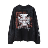 sssaint Louis Vintage Dirty Worn Distressed Cross Print High-Street Graffiti Long Sleeve T Shirt Pullover Summer