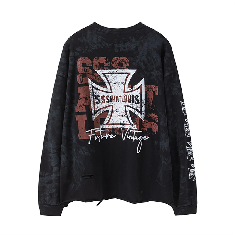 sssaint Louis Vintage Dirty Worn Distressed Cross Print High-Street Graffiti Long Sleeve T Shirt Pullover Summer