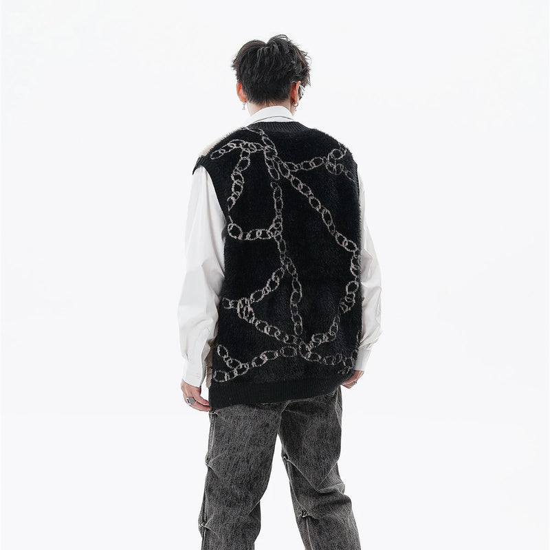 high street harajuku imitation mink hair knitted vest chain color block v neck pullover sweater vest oversized knitwear trendy Y2K vintage urban hoodie, unique limited edition hoodie, aesthetic street look hoodie