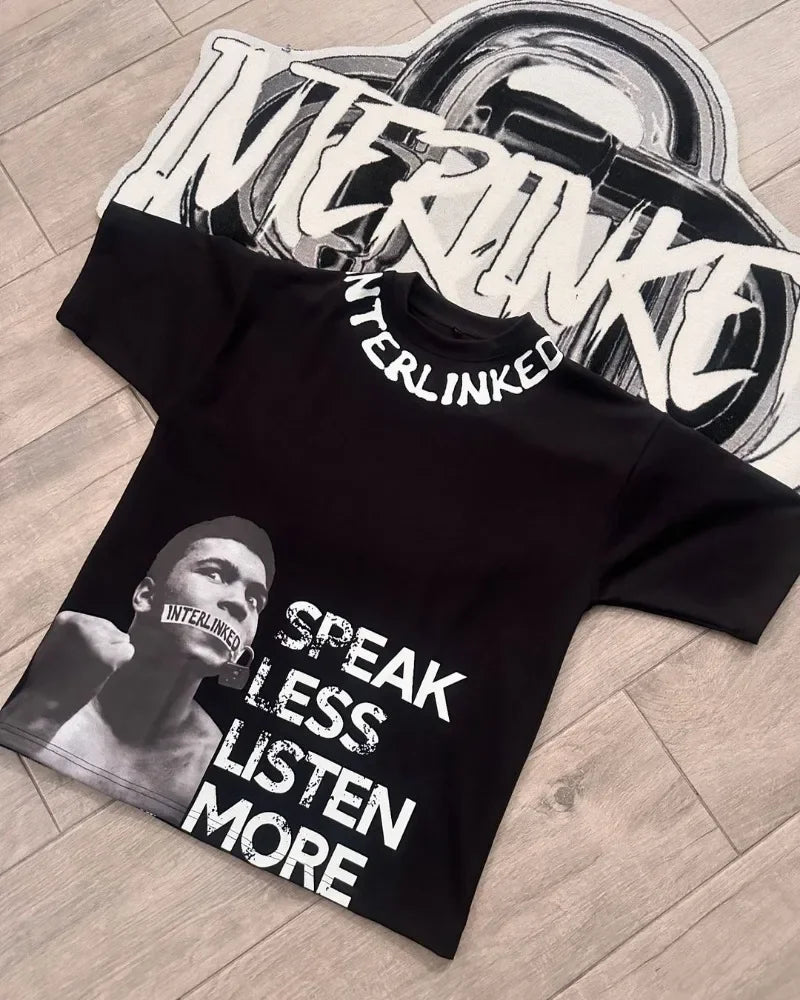 American High Street Retro Fashion Cartoon Letter Printed Short-sleeved Tops Women Y2k Goth Rock Casual Oversized T-shirts Men