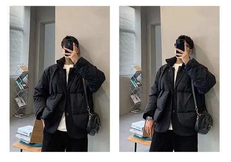 Korean street trend men and women retro personality fake two piece design couple winter loose thick casual jacket top harajuku