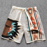mens casual cargo shorts summer american retro knitted shorts contrast color embroidery geometric beach five point casual pants multi-pocket cargos
