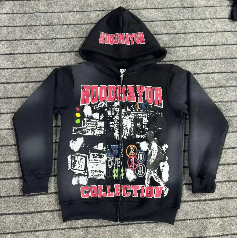 American Gothic Fashion Letter Pattern Print Oversized Hoodie Mens Y2K
