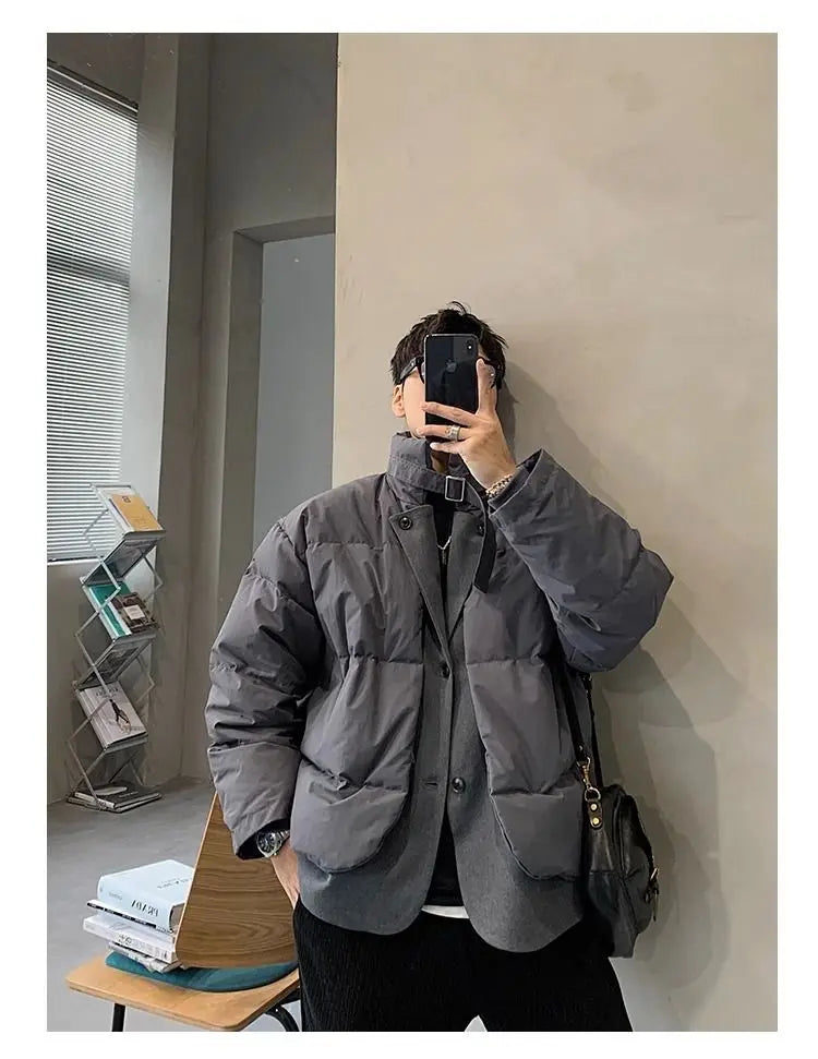 Korean street trend men and women retro personality fake two piece design couple winter loose thick casual jacket top harajuku