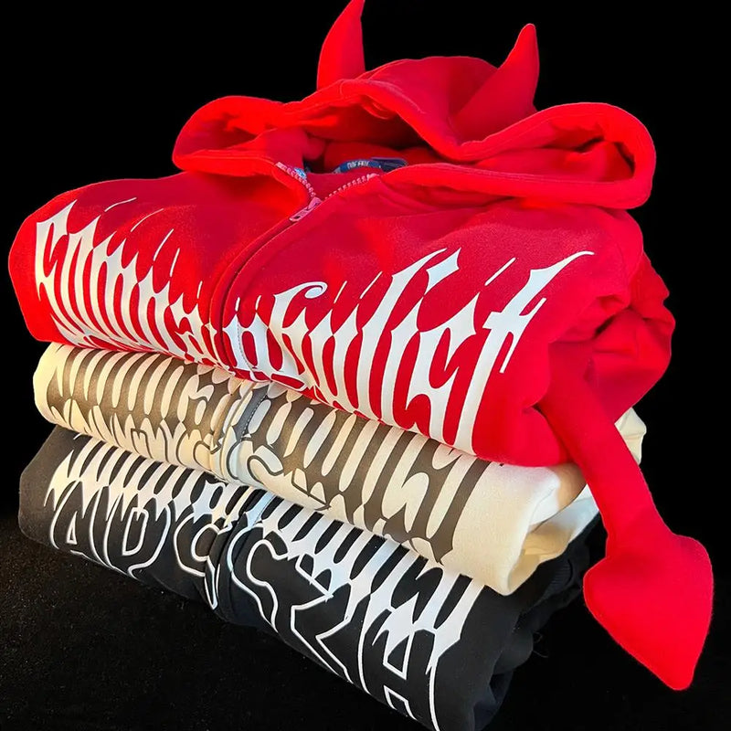 Y2K Kawaii Devil Horn Tail Hip Hop Badge Print Hoodies Cardigan Couple