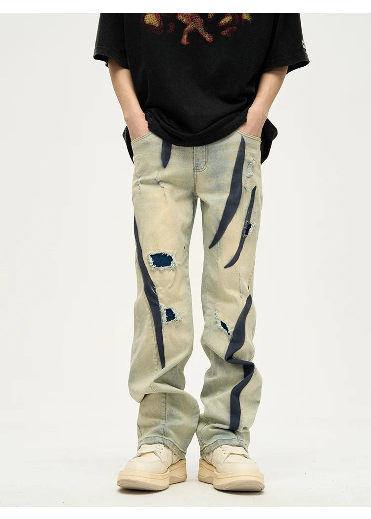irregular graffiti prtinted denim jean pants casual distressed washed biker jeans hip hop streetwear y2k mens straight joggers unique joggers style 4863