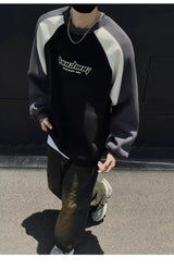 Trendy Personality Korean Motorcycle Style Round Neck Sweatshirt Men 2024 Spring Autumn Niche Contrasting Color Pullover Hot Top