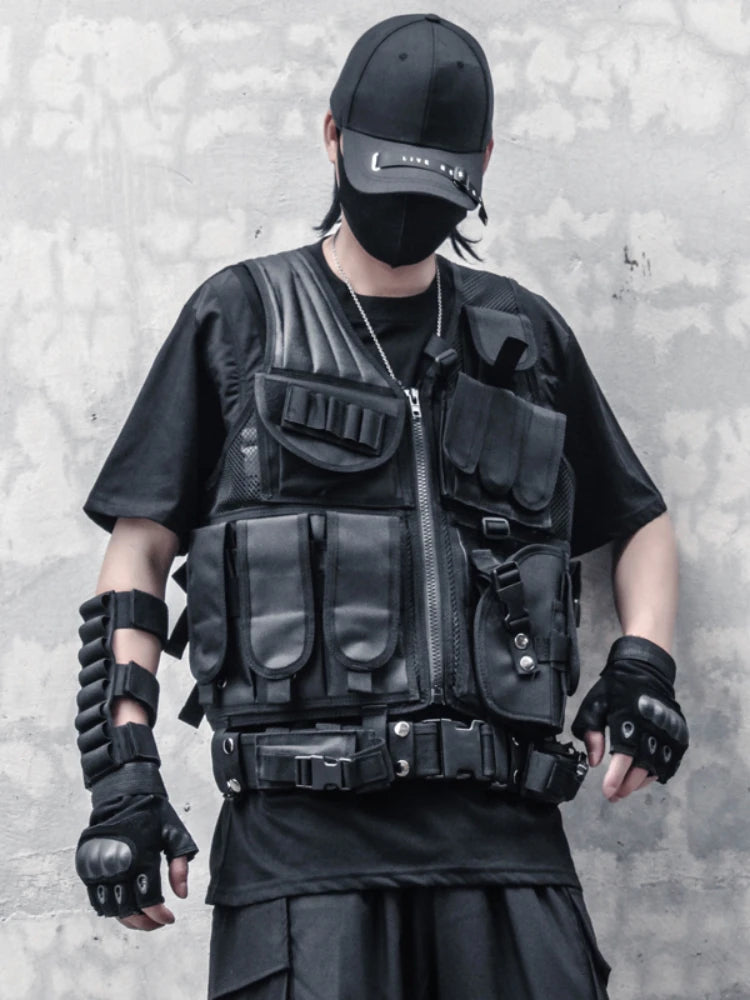 hip hop sleeveless vests mesh adjustment cargo waistcoat with pockets zipper military jacket streetwear tactical vest sweatsh - variant style ebccaf for streetwear fashion