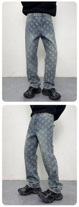 men jacquard streetwear hip hop vibe casual straight denim jeans pants boyfriend high street ripped jeans trousers unique jeans style 3121