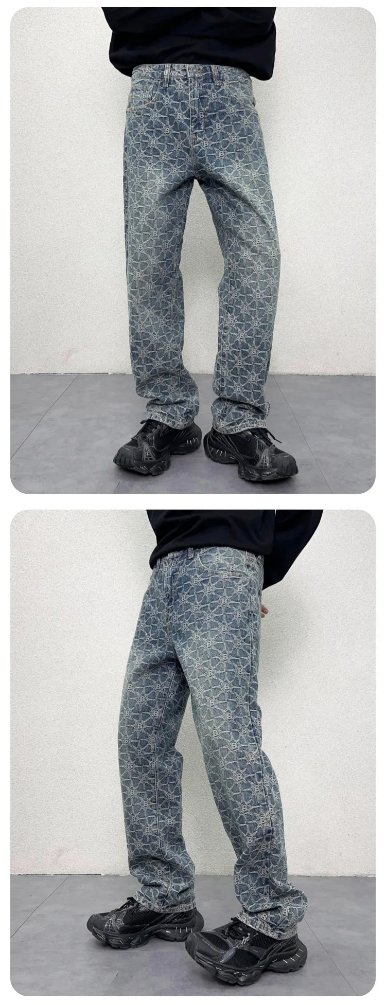 men jacquard streetwear hip hop vibe casual straight denim jeans pants boyfriend high street ripped jeans trousers unique jeans style 3121