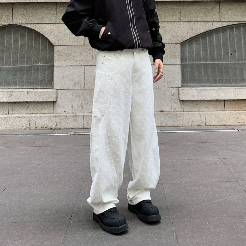 men brand fashion wash jacquard denim splice pocket loose casual wide leg baggy jeans cityboy cargo jeans pants trousers unique cargo style 2550