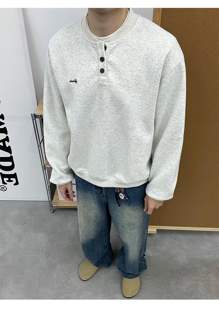 Trendy Korean Retro Ins Simple Boyish Henry Collar Sweatshirt Men and Women Street