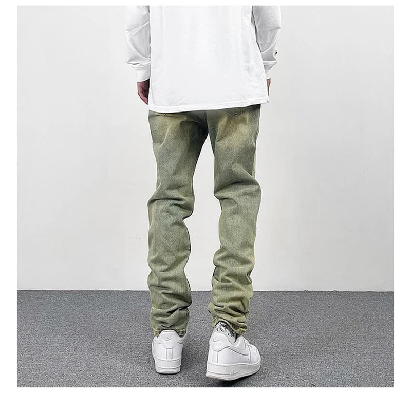 Frayed Yellow Mud Jeans Men's Harajuku Retro Straight Pockets Solid Color Baggy Casual Denim Trousers