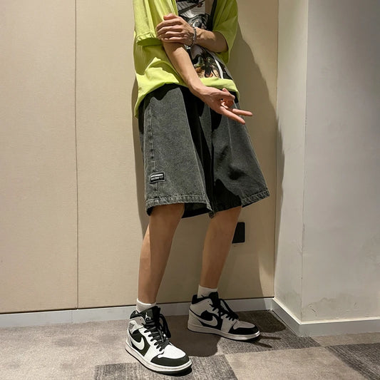 Korean Style Summer Men's Black Wide Leg Denim Shorts 2023 New Fashion Casual Baggy Short Jeans Male Brand Clothes
