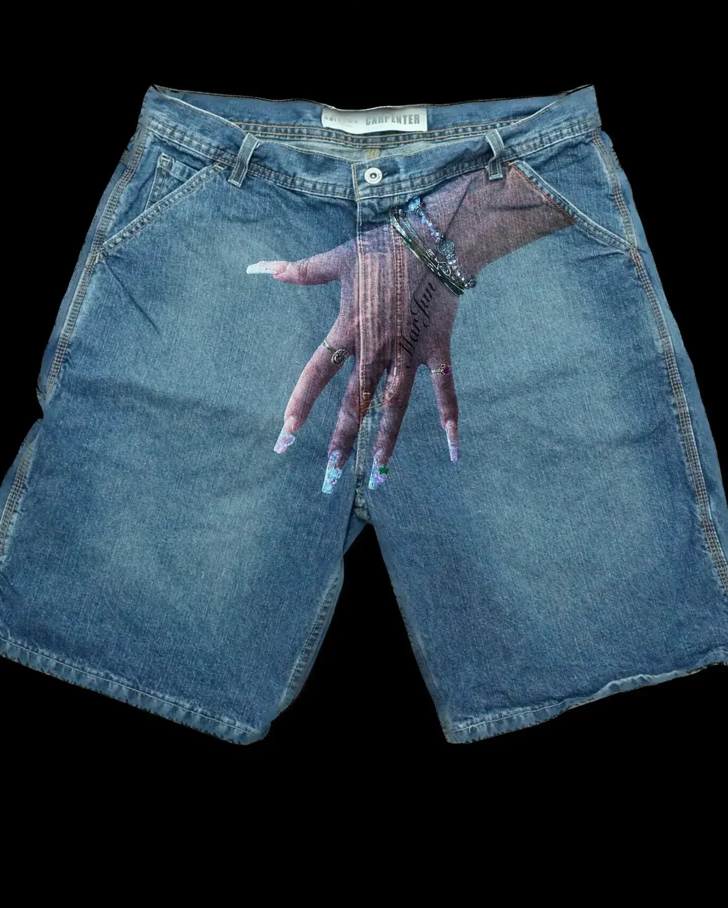 harajuku y2k shorts pants mens blue baggy hand print retro denim gym short pant gothic sweatpants basketball shorts men clothing unique joggers style 4127