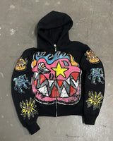 Street Fashion Brand Retro Zipper Hoodie Men Anime Graffiti Print Over