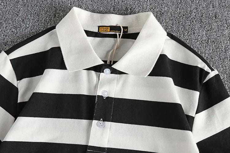 Trapwear Graphic tee – Summer Striped Polo T Shirt Mens New Retro Trend Washed Elas
