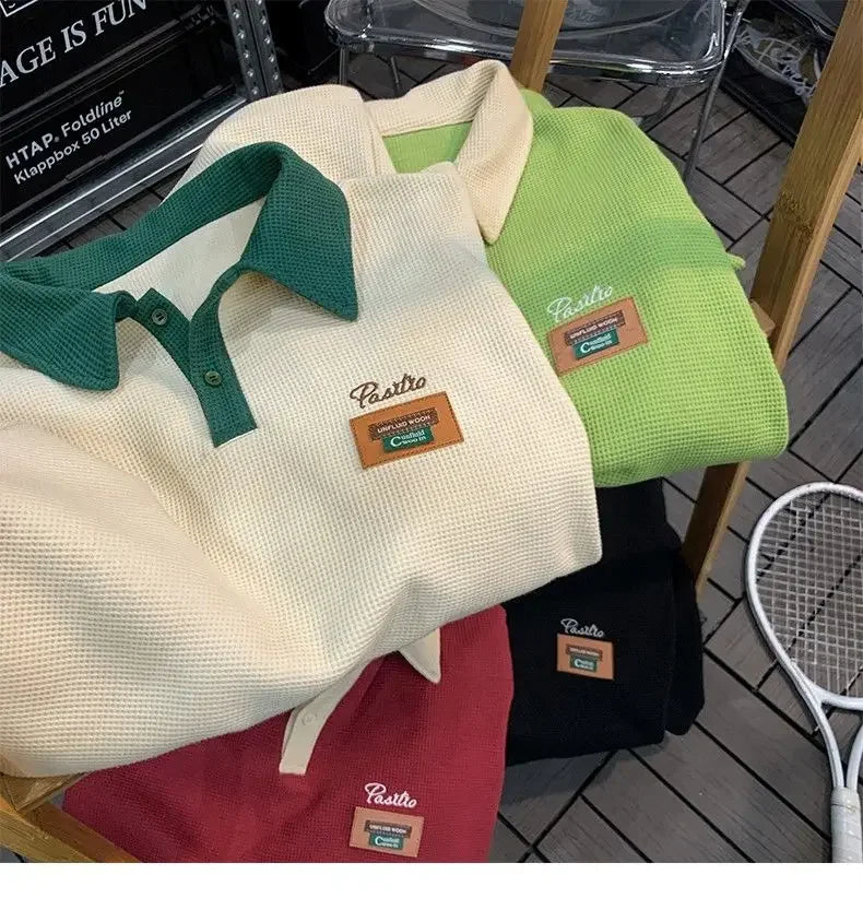 Hip Hop American Street Men and Women Trendy Personality Polo Shirt Short sleeved Summer Waffle Vintage Casual Tops harajuku y2k