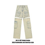 american retro buttons detachable design wide cargo jeans mens womens straight leg pants hip hop washed jeans overall 2023 unique cargo style 910