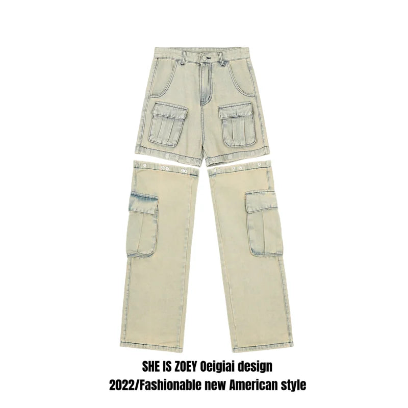 american retro buttons detachable design wide cargo jeans mens womens straight leg pants hip hop washed jeans overall 2023 unique cargo style 910