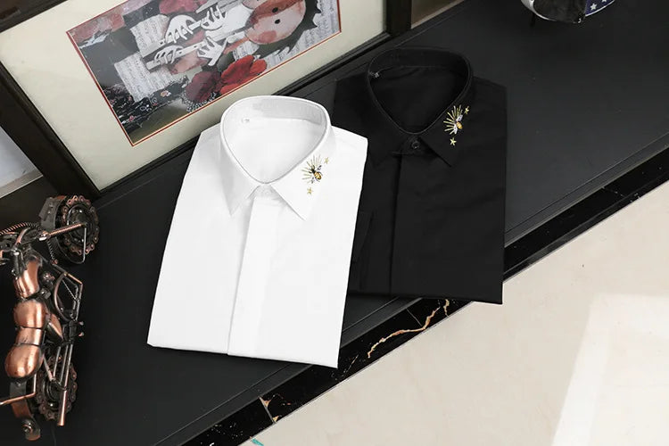 New 2022 luxury Men Classic Embroidered star bee Fashion Cotton Casual Shirts Shirt high quality Pocket Short sleeves #A40