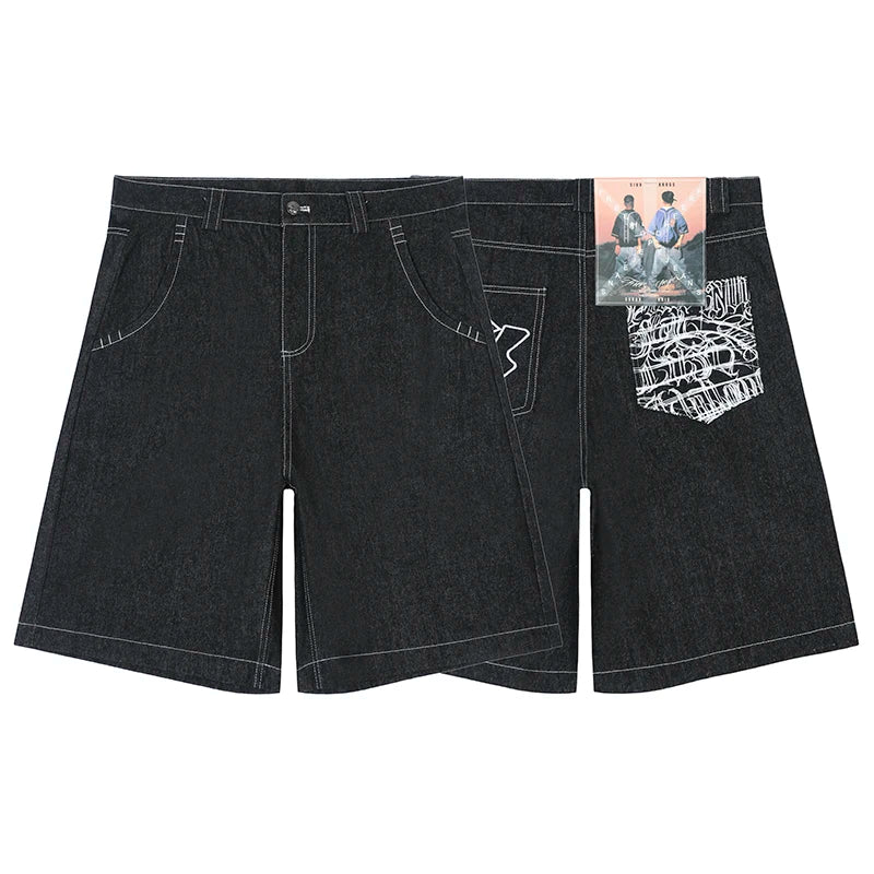 hip hop pockets embroidery letter print jeans shorts for men summer retro oversized wide leg denim knee lenght pants unique jeans style 3630