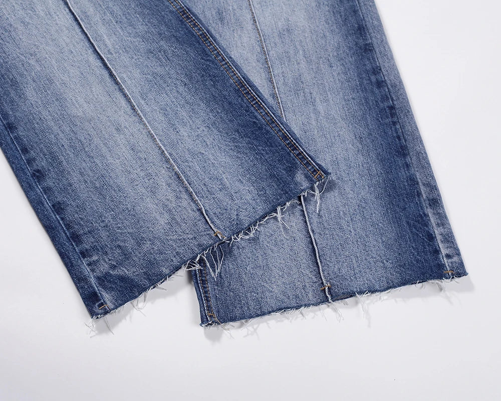 front long striped washed blue jeans for men and women high street solid baggy casual carg pants oversized loose denim trousers unique jeans style 5278