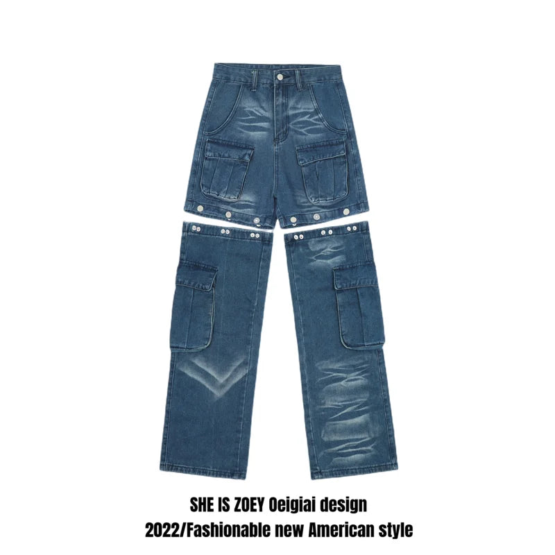 american retro buttons detachable design wide cargo jeans mens womens straight leg pants hip hop washed jeans overall 2023 unique cargo style 913