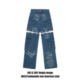 american retro buttons detachable design wide cargo jeans mens womens straight leg pants hip hop washed jeans overall 2023 unique cargo style 913