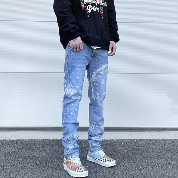 mens high street paisley print denim jeans casual hip hop distressed jeans slim fit skinny denim pants joggers streetwear men sporty tapered joggers