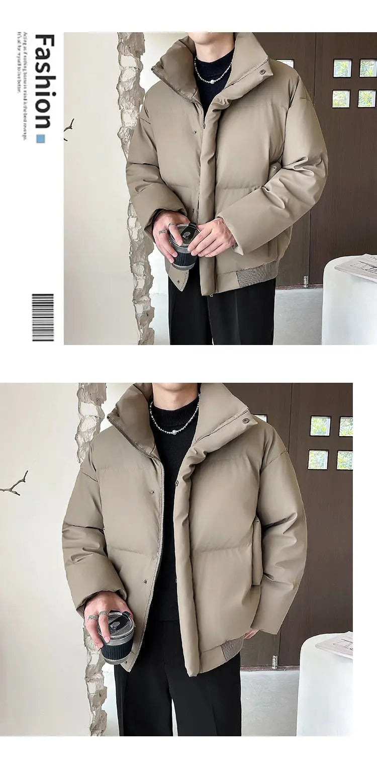 Winter Stand Collar Thicken Leather Short Jacket Men Fashion Loose Casual Warm Cotton-padded PU Leather Bomber Jacket Parka Coat