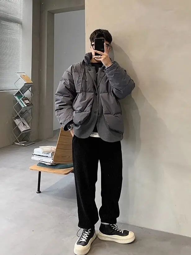Korean street trend men and women retro personality fake two piece design couple winter loose thick casual jacket top harajuku