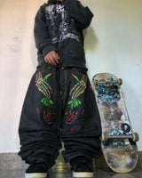 goth hip hop oversized skull embroidery pattern y2k baggy jeans new men and women straight black jeans retro casual denim pants unique jeans style 902