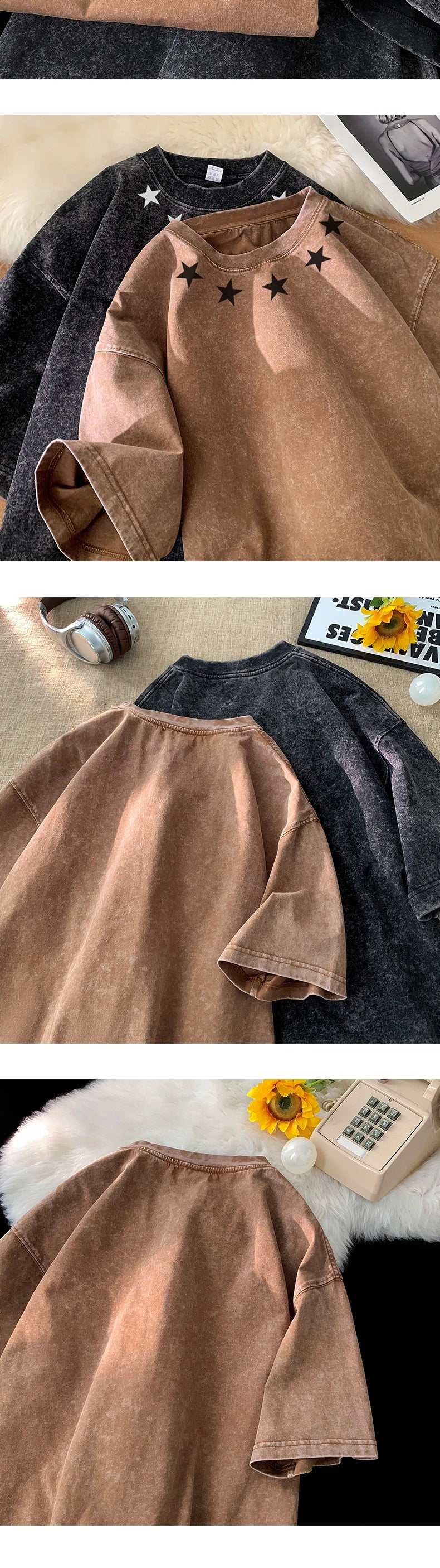 Harajuku Oversized shirt – Men Black Washed T Shirt O Neck Star Patterned Heavyweight S