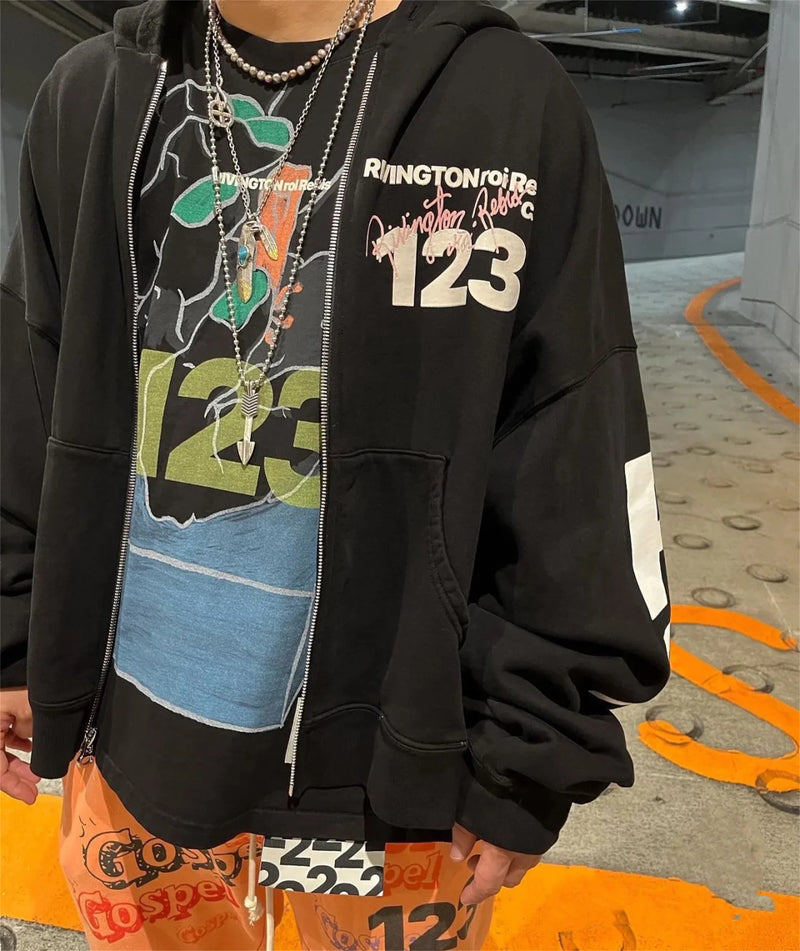 24ss RR123 Brand Fashion Letter Print Black Cotton Cardigan Hooded Sweatshirt High-Street Casual Zipper Hoodie For Winter