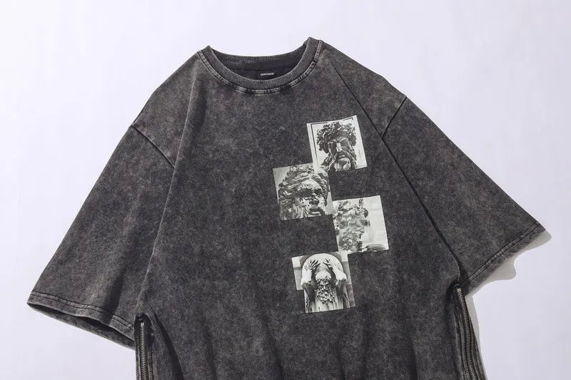 Sadcore T-Shirt – Vintage T Shirt Streetwear Men Statues Print Distressed Zipp – Modern Streetwear for Everyone