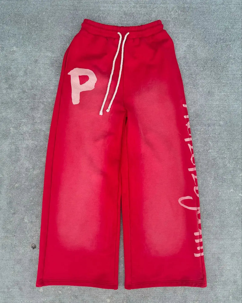 street wear mens black and red fashionable loose pants y2k straight leg cotton pants sport simple side letter casual pants unique default style 2424