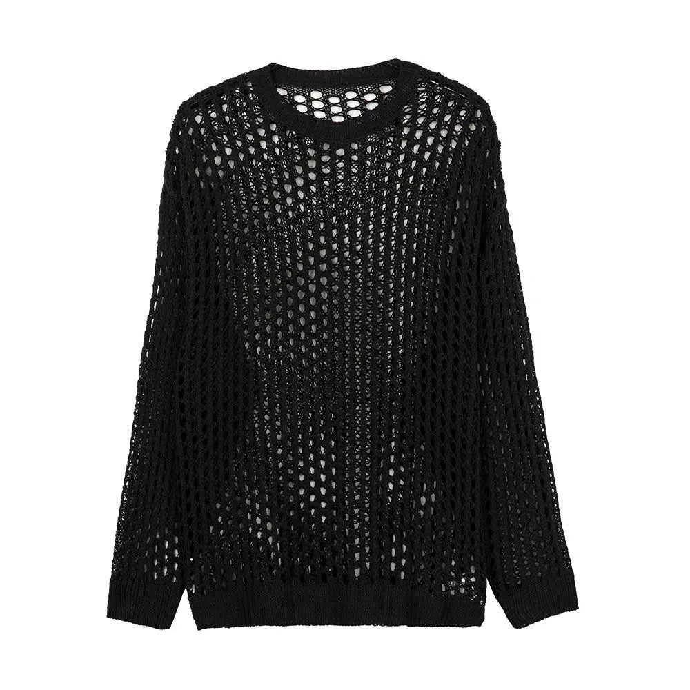 Casual Pullovers Hollow Out Outfits Fishnet Smock Tops Men Fashion Loose Long Sleeve See-though Knit Shirts Y2k Sexy Holes Shirt