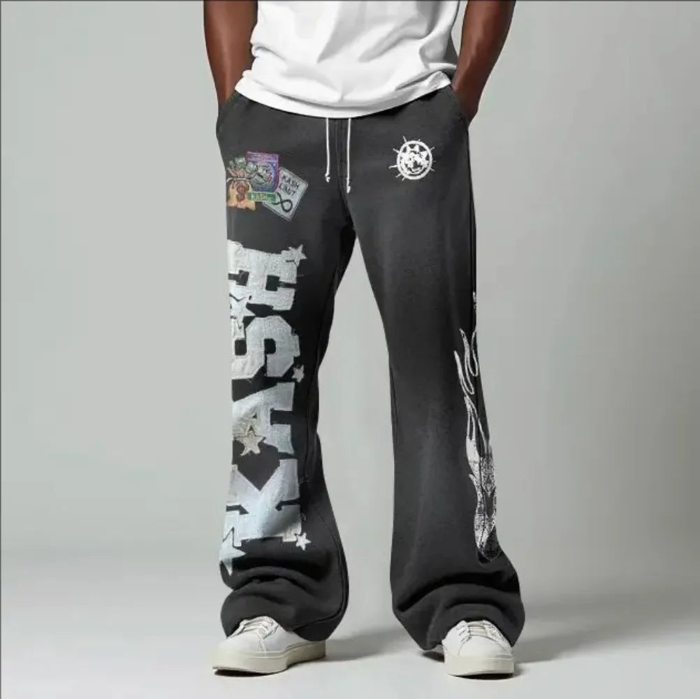 cargo pants men double elastic waist patchwork letter pattern y2k joggers men baggy hosen vintage casual sweatpants streetwear unique joggers style 702