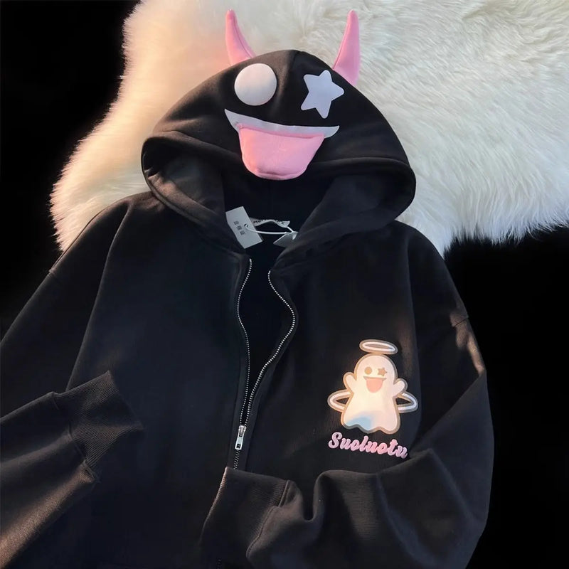 Japanese Devils Corner Hoodie Womens Couple Loose Gothic Winter Clothing Plush Hoodie Womens Zipper Hoodie  sweatshirt