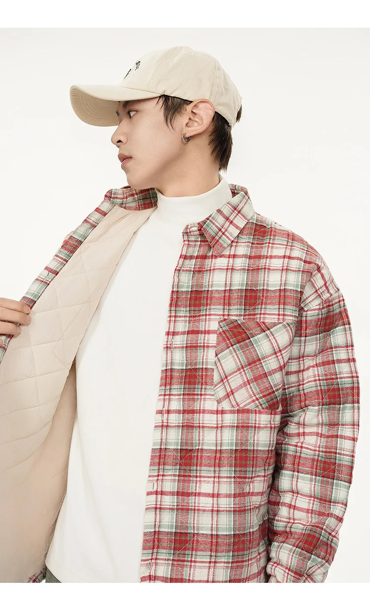 Autumn Winter Men Streetwear Fashion Loose Casual Oversize Plaid Cotton-padded Shirt Style Parkas Jacket Campus Couple Coat