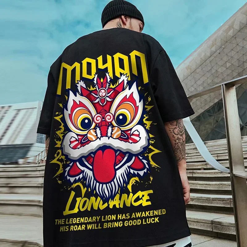 Glitchcore Angelcore design – Lion Dance Funny Graphic Men T Shirts Printed 2025 Summer Hi