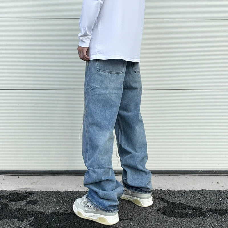 fashion loose streetwear denim jeans new casual wide legs straight jean pants hip hop tassel joggers baggy jeans men clothing unique joggers style 418