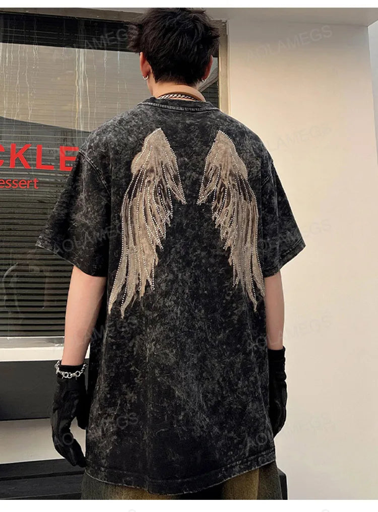 Vaporwave Broken heart – Men Retro T Shirts Rhinestone Wing Washed Short Sleeve T Shi