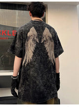 Vaporwave Broken heart – Men Retro T Shirts Rhinestone Wing Washed Short Sleeve T Shi