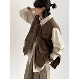 japanese street mens 3 piece set multi pocket camping vest solid cargo shirt side pockets casual pants suit couple trend set unique cargo style 4629