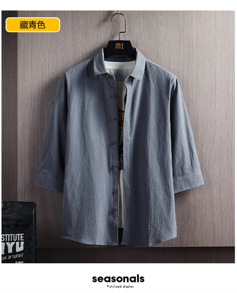 Wetailor New Summer Hot Sale Men's Short Sleeve Shirts Solid Color Easy Care Comfortable Stand-Up Collar Casual Beach Style