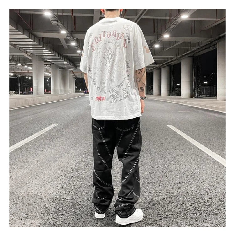 fashion design lines denim jeans mens zipper loose straight trousers hip hop new casual streetwear pants joggers baggy jeans unique joggers style 1455